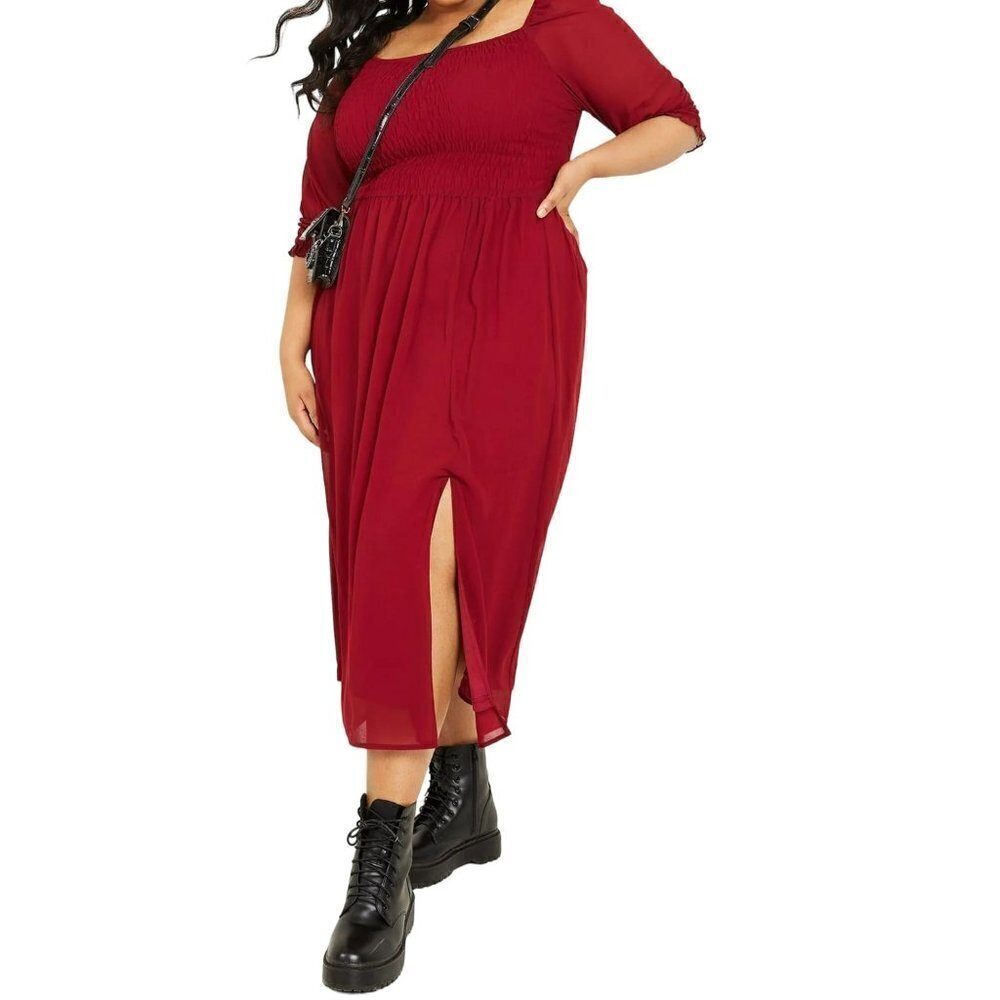 NWT QUIZ Women's Plus Chiffon Ruched Detail Quarter Sleeve Midi Dress